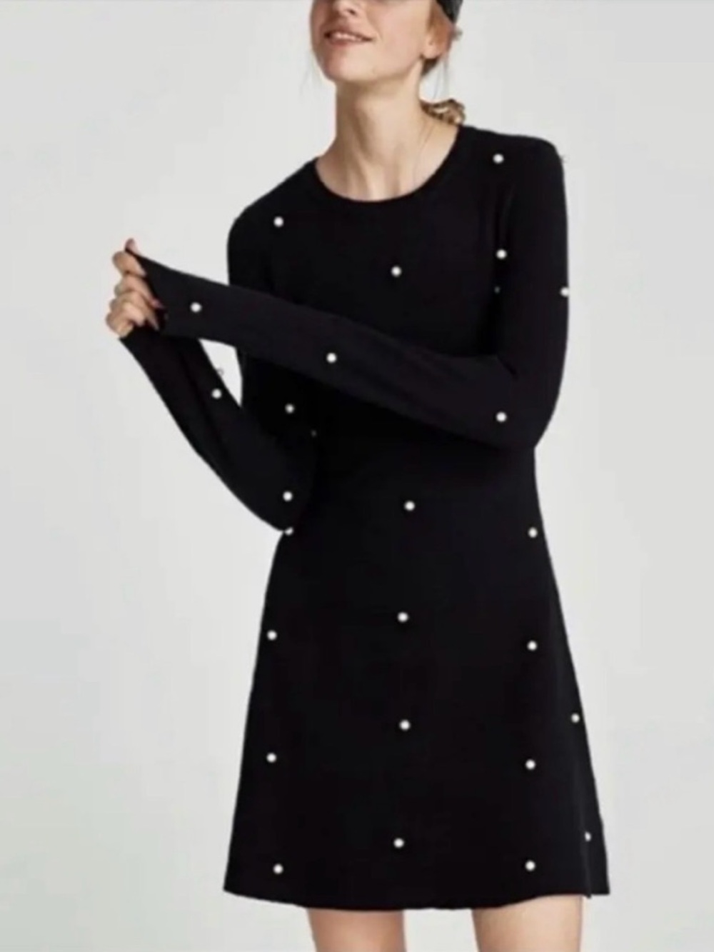 Zara Black Pearl Embellished Long sleeve Knit Dress